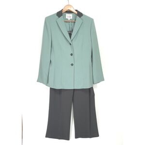 Le Suit Women Pant Suit 12 Professional Sage Green Black Contrast Collar